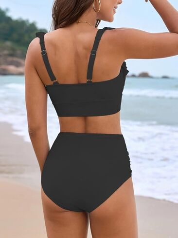 Women's Two Piece Swimsuits, High Waisted Ruffle Strap Tummy Control Bathing Suit Ruched Full Coverage Bikini Sets in Kuwait