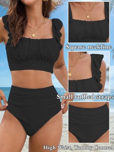 Women's Two Piece Swimsuits, High Waisted Ruffle Strap Tummy Control Bathing Suit Ruched Full Coverage Bikini Sets in Kuwait