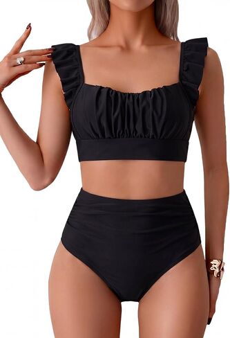 Women's Two Piece Swimsuits, High Waisted Ruffle Strap Tummy Control Bathing Suit Ruched Full Coverage Bikini Sets in Kuwait