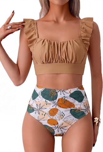 Women's Two Piece Swimsuits, High Waisted Ruffle Strap Tummy Control Bathing Suit Ruched Full Coverage Bikini Sets in Kuwait