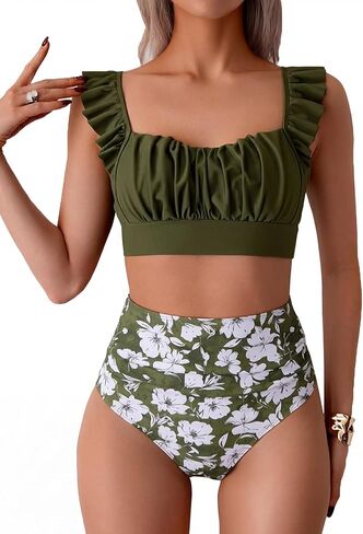 Women's Two Piece Swimsuits, High Waisted Ruffle Strap Tummy Control Bathing Suit Ruched Full Coverage Bikini Sets in Kuwait
