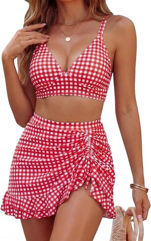 Women's High Waisted Bikini Set 3 Piece Swimsuits Retro Ruffle Tummy Control Bathing Suits with Cover Up Swim Skirt in Saudi Arabia