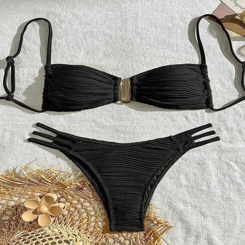 Womens Chic 2 Piece Bikini Sets Cheeky High Cut Bathing Suit Color Block Textured U-Wire Swimsuits 2026 Black in Kuwait