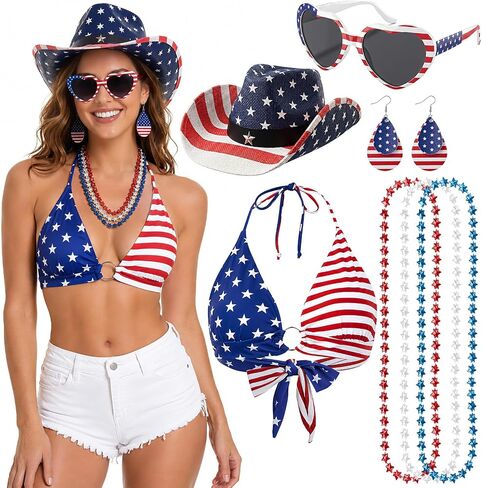 Cutecrop 5PCS 4th من يوليو الزي كاوبوي للنساء، قبعة راعية البقر الأمريكية العلم بيكيني أعلى الوطنية مكبرة القرط قلادة in Kuwait