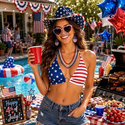 Cutecrop 5PCS 4th من يوليو الزي كاوبوي للنساء، قبعة راعية البقر الأمريكية العلم بيكيني أعلى الوطنية مكبرة القرط قلادة in Kuwait