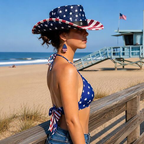 Cutecrop 5PCS 4th من يوليو الزي كاوبوي للنساء، قبعة راعية البقر الأمريكية العلم بيكيني أعلى الوطنية مكبرة القرط قلادة in Kuwait