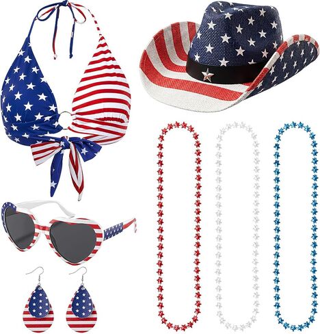Cutecrop 5PCS 4th من يوليو الزي كاوبوي للنساء، قبعة راعية البقر الأمريكية العلم بيكيني أعلى الوطنية مكبرة القرط قلادة in Kuwait