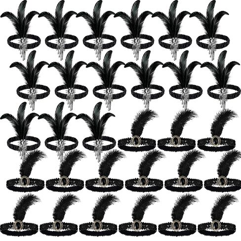 30 Pcs 1920s Flapper Headbands Black Feather Headpieces Costume Flapper Headpiece for Women Roaring 20s Party Hair Accessories in Kuwait