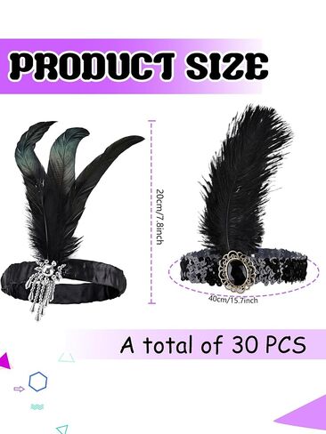 30 Pcs 1920s Flapper Headbands Black Feather Headpieces Costume Flapper Headpiece for Women Roaring 20s Party Hair Accessories in Kuwait
