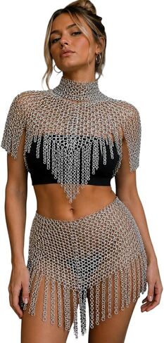 Women’s Silver Chainmail Top and Skirt Set – Medieval Aluminium Chainmail Outfit for Cosplay, Renaissance Festival, LARP & Gothic Costume in Saudi Arabia