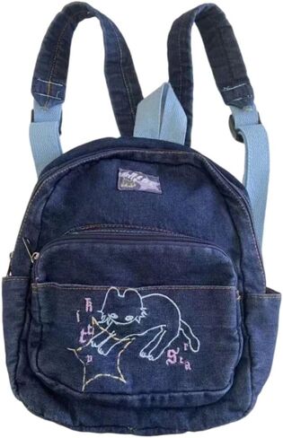 Denim Small Backpack Purse for women Y2k Mini Backpack Purse Cute Cat Bookbag Tiny Japanese Purse Bag (blue) in Saudi Arabia