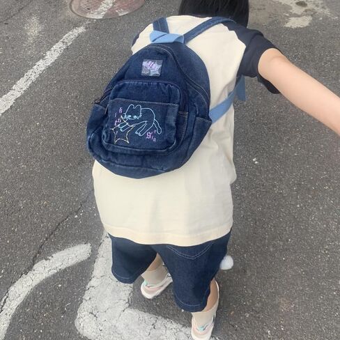 Denim Small Backpack Purse for women Y2k Mini Backpack Purse Cute Cat Bookbag Tiny Japanese Purse Bag (blue) in Saudi Arabia