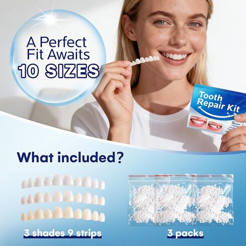 Temporary Tooth Repair Kit: Missing Tooth Replacement Kit Replace Missing or Broken Tooth Filling The Gap - Moldable False Teeth Come with 3 Shades 10 Size in Kuwait
