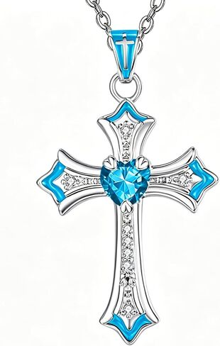 HeartMelody Cross Necklace for Women, Heart CZ Birthstone Pendant Necklace Crucifix, Birthday Gifts for Her, Mom, and Wife, 18K White Gold Plated Jewelry Necklaces, Adjustable Chain in Saudi Arabia