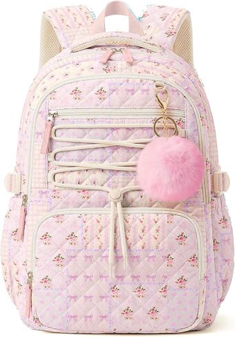 WOBAGMEN Quilted Backpack for Kids Girls,Cute School Backpack with Multi-Pocket, Lightweight Bookbag Fits 15.6" Laptop, Aesthetic Large Capacity Casual Daypacks for School College(Blue Floral, M) in Saudi Arabia