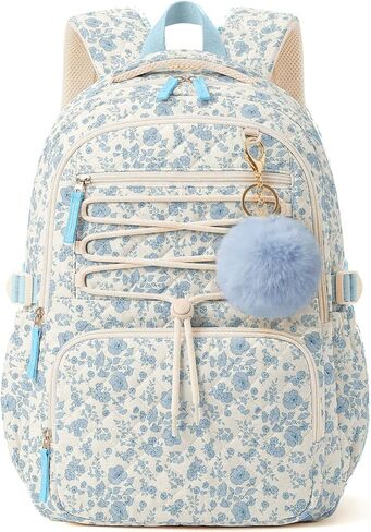 WOBAGMEN Quilted Backpack for Kids Girls,Cute School Backpack with Multi-Pocket, Lightweight Bookbag Fits 15.6" Laptop, Aesthetic Large Capacity Casual Daypacks for School College(Blue Floral, M) in Saudi Arabia