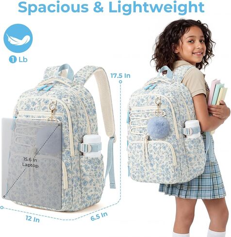 WOBAGMEN Quilted Backpack for Kids Girls,Cute School Backpack with Multi-Pocket, Lightweight Bookbag Fits 15.6" Laptop, Aesthetic Large Capacity Casual Daypacks for School College(Blue Floral, M) in Saudi Arabia