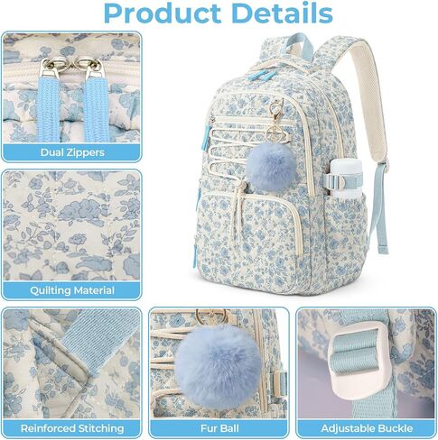 WOBAGMEN Quilted Backpack for Kids Girls,Cute School Backpack with Multi-Pocket, Lightweight Bookbag Fits 15.6" Laptop, Aesthetic Large Capacity Casual Daypacks for School College(Blue Floral, M) in Saudi Arabia