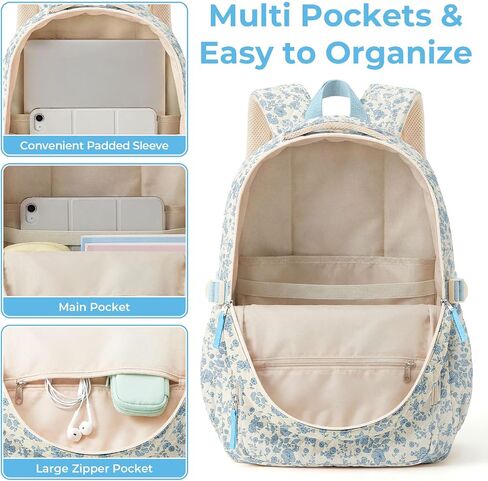 WOBAGMEN Quilted Backpack for Kids Girls,Cute School Backpack with Multi-Pocket, Lightweight Bookbag Fits 15.6" Laptop, Aesthetic Large Capacity Casual Daypacks for School College(Blue Floral, M) in Saudi Arabia