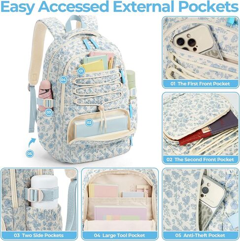 WOBAGMEN Quilted Backpack for Kids Girls,Cute School Backpack with Multi-Pocket, Lightweight Bookbag Fits 15.6" Laptop, Aesthetic Large Capacity Casual Daypacks for School College(Blue Floral, M) in Saudi Arabia