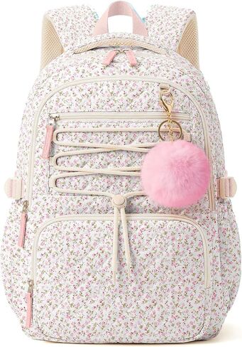 WOBAGMEN Quilted Backpack for Kids Girls,Cute School Backpack with Multi-Pocket, Lightweight Bookbag Fits 15.6" Laptop, Aesthetic Large Capacity Casual Daypacks for School College(Blue Floral, M) in Saudi Arabia