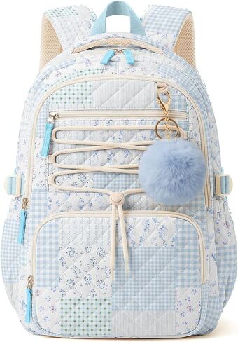 WOBAGMEN Quilted Backpack for Kids Girls,Cute School Backpack with Multi-Pocket, Lightweight Bookbag Fits 15.6" Laptop, Aesthetic Large Capacity Casual Daypacks for School College(Blue Floral, M) in Saudi Arabia