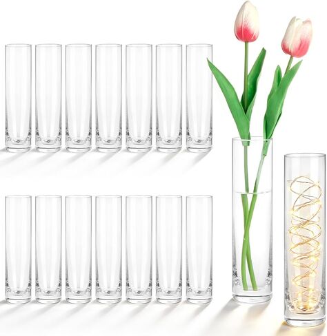 Set of 16 Glass Cylinder Bud Vases for Centerpieces, 7.5" H x 1.8" W, Small Flower Vases, Handmade Slim Vase, Single Rose Vase for Wedding Events Home in Saudi Arabia