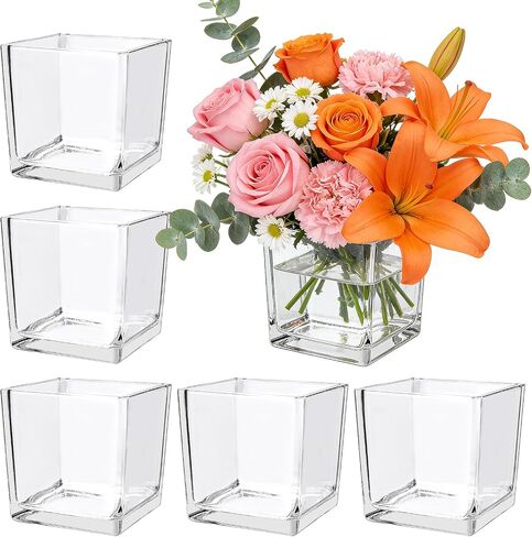 6 Pack Square Glass Vase 4" x 4" x 4", Clear Cube Vases for Centerpieces, Thickened Glass Flower Vases, Plant Terrarium, Floating Candle Holder for Wedding Party, Office/Home Decor, Events in Saudi Arabia