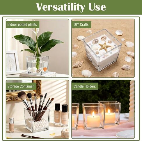 6 Pack Square Glass Vase 4" x 4" x 4", Clear Cube Vases for Centerpieces, Thickened Glass Flower Vases, Plant Terrarium, Floating Candle Holder for Wedding Party, Office/Home Decor, Events in Saudi Arabia