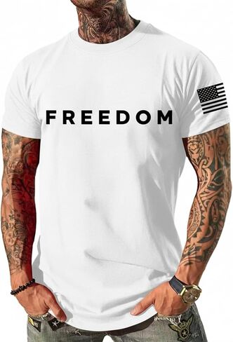Freedom Shirts for Men Casual Crew Neck T Shirt American Flag Print Sleeves Patriotic Freedom Retro Graphic Tee in Kuwait