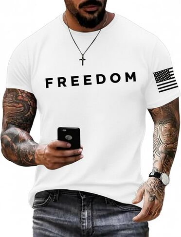 Freedom Shirts for Men Casual Crew Neck T Shirt American Flag Print Sleeves Patriotic Freedom Retro Graphic Tee in Kuwait