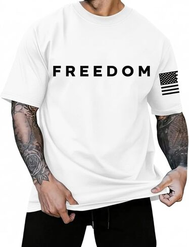 Freedom Shirts for Men Casual Crew Neck T Shirt American Flag Print Sleeves Patriotic Freedom Retro Graphic Tee in Kuwait