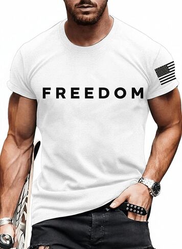 Freedom Shirts for Men Casual Crew Neck T Shirt American Flag Print Sleeves Patriotic Freedom Retro Graphic Tee in Kuwait
