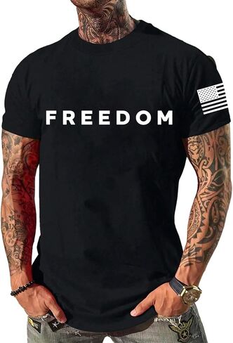 Freedom Shirts for Men Casual Crew Neck T Shirt American Flag Print Sleeves Patriotic Freedom Retro Graphic Tee in Kuwait