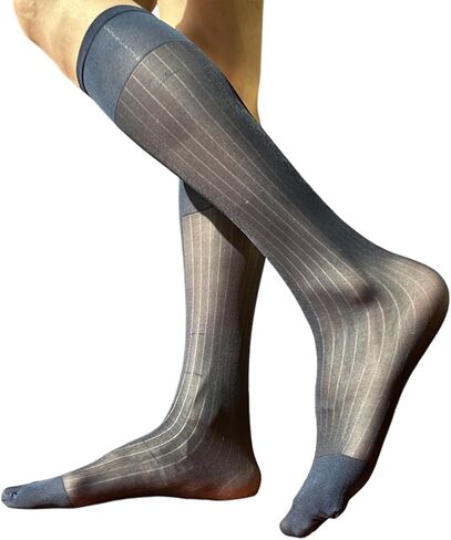 Mens Thin Dress Socks Silk Sheer Formal Business Socks Soft Over the Calf Suit Socks Wide Striped Long Stockings in Saudi Arabia