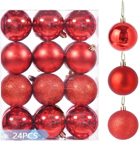 24PCS 4cm/1.57" Shatterproof Christmas Balls Ornaments, Pre-Strung Hanging Xmas Tree Decorations, 3 Styles Holiday Ornaments for Christmas/Halloween/Wedding/Birthday Party Decor (Red) in Saudi Arabia
