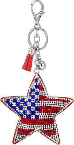 4th of July Keychain for Women Bling Crystal American Flag Patriotic Backpack Keyrings Rhinestone USA Purse Charms Key Chain in Kuwait
