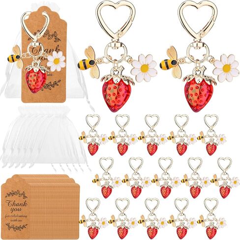 Quelay 24 Set Cherry Keychain Bulk with Heart Clasp & Pearl Chain, Cute Cherry Keychain with Thank You Cards and Organza Bags for Guest Baptism Wedding Women Purse Handbags Decor (Red) in Kuwait