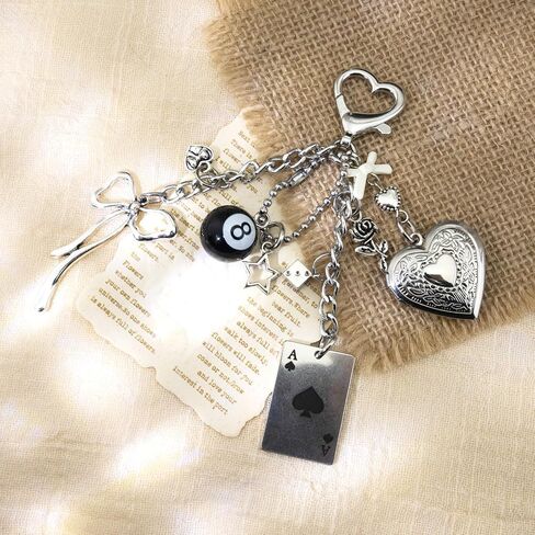 Y2k Purse Heart Bag Charm Cute Heart Locket Keychain Y2k 8 Ball Bag Charm Kawaii Photo Key Chain Bow Heart Cool Dice Star Rose Ace Of Spades Aesthetic Keychain Accessories for Women in Kuwait
