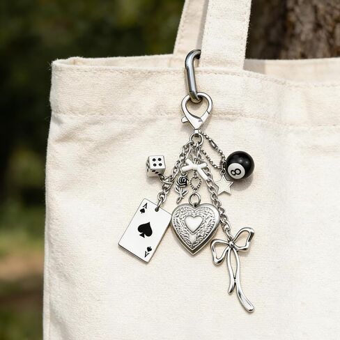 Y2k Purse Heart Bag Charm Cute Heart Locket Keychain Y2k 8 Ball Bag Charm Kawaii Photo Key Chain Bow Heart Cool Dice Star Rose Ace Of Spades Aesthetic Keychain Accessories for Women in Kuwait