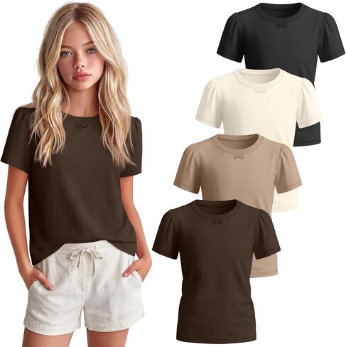 Oakgarden 4 Pack Girls Short Sleeve T-Shirts Kids Crew Neck Bow Puff Sleeve Summer Top Soft Casual Basic Tees for Girls 5-14Y in Kuwait