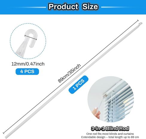 35" Blind Wand Replacement,White Plastic Vertical Blind Wand with Hook, Cordless Tilt Control Rod for Window Shades, Blinds, and Curtains (Easy Install, Durable & Lightweight) in Kuwait