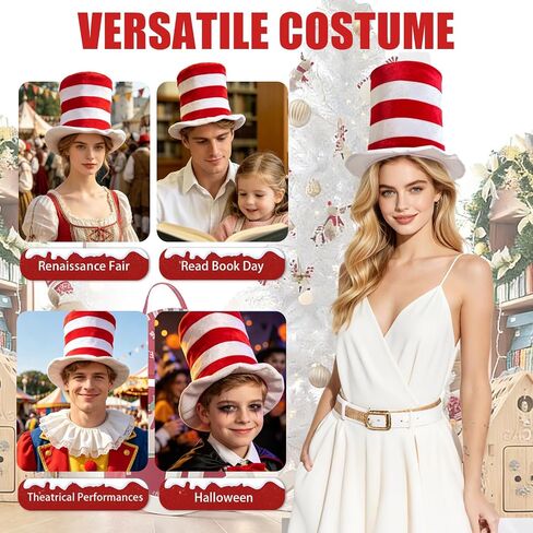 Red and White Striped Top Hat, Adult Standard Size,Velvet Fabric, Cat Hat Costume Halloween Role-Play Party Accessory in Saudi Arabia
