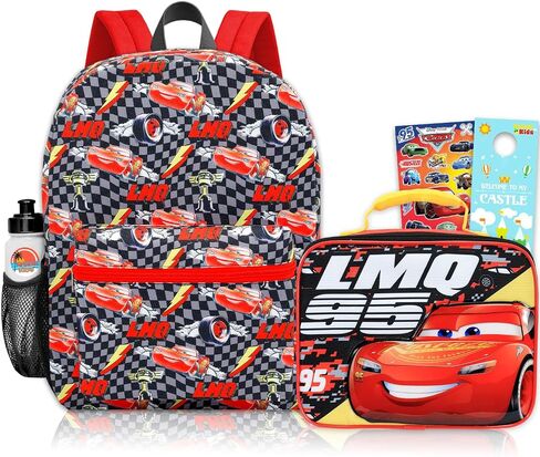 Lightning McQueen Backpack with Lunch Box for Kids - Bundle with 16'' Disney Cars Backpack, Lunch Bag, Water Bottle, Stickers, More | Disney Cars School Bag for Boys Set in Kuwait