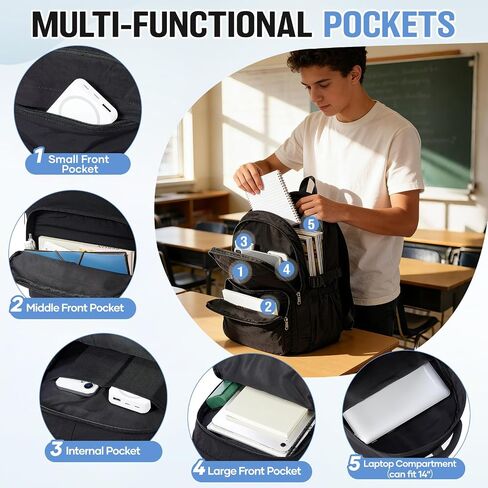 School Backpack For Girls Boys 14 Inch Laptop Backpack For Women Bookbag For Men Waterproof Lightweight Backpack For College Middle High School Bag Travel Daypack Black in Saudi Arabia
