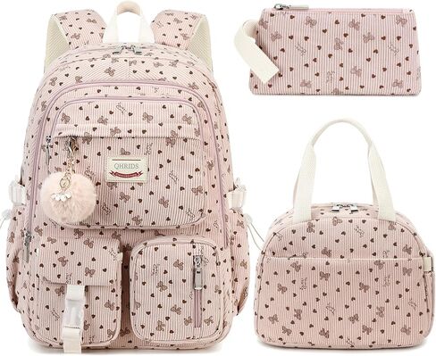 School Backpack Set for Teens Girls Women 3PCS Corduroy Lightweigh Laptop Backpacks with Lunch Box Pencil Kids Elementary Middle High Bags Students 3 in1 Bookbag Travel Daypack, Pink Bowknot in Saudi Arabia