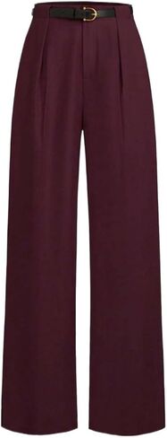 Womens Casual Zipper Mid-Waist Solid Color Straight Leg Pants Trouser With Belt in Kuwait