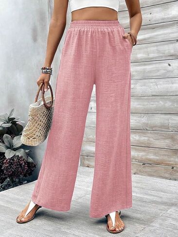 Women's Linen Wide Leg Pants | Elastic High Waist, Palazzo Trousers, With Pockets in Kuwait