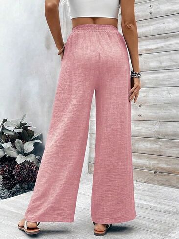 Women's Linen Wide Leg Pants | Elastic High Waist, Palazzo Trousers, With Pockets in Kuwait