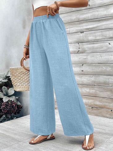 Women's Linen Wide Leg Pants | Elastic High Waist, Palazzo Trousers, With Pockets in Kuwait